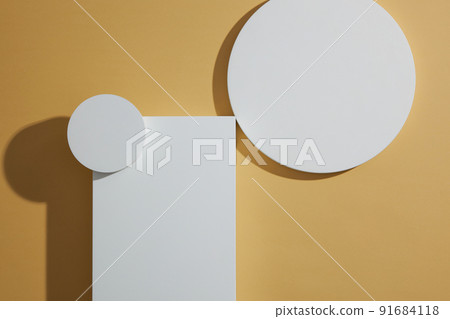 Top view of circle , square white podium , in light brown background and blank space for advertising , abstract content Top view of circle , square white podium , in light brown background and blank space for advertising , abstract content 91684118