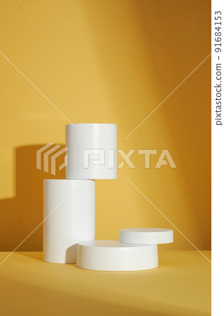 Circle , square white podium , in yellow background and blank space for advertising , abstract content , front view Circle , square white podium , in yellow background and blank space for advertising , abstract content , front view 91684153