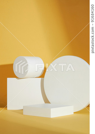 Circle , square white podium , in yellow background and blank space for advertising , abstract content , front view Circle , square white podium , in yellow background and blank space for advertising , abstract content , front view 91684160