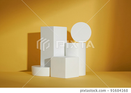 Circle , square white podium ,  in yellow background and blank space for advertising , abstract content , front view 91684168