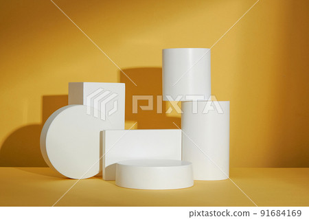 Circle , square white podium , in yellow background and blank space for advertising , abstract content , front view Circle , square white podium , in yellow background and blank space for advertising , abstract content , front view 91684169