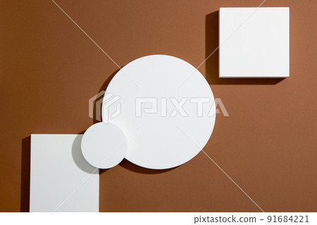 Top view of circle , square white podium , in brown background and blank space for advertising , abstract content Top view of circle , square white podium , in brown background and blank space for advertising , abstract content 91684221