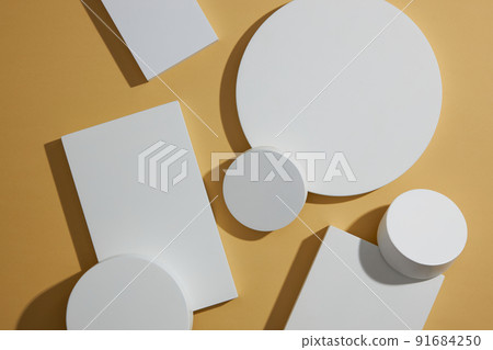 Top view of circle , square white podium , in light brown background and blank space for advertising , abstract content Top view of circle , square white podium , in light brown background and blank space for advertising , abstract content 91684250