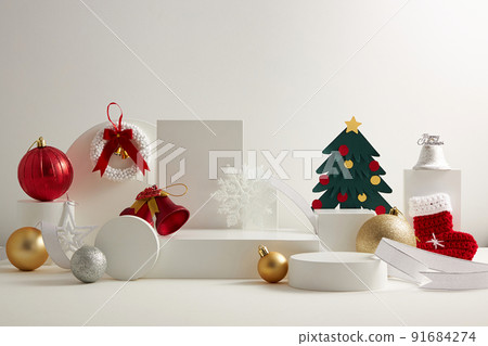 White podium with white background and christmas ornament decoration , front view , for product advertising , holiday content 91684274