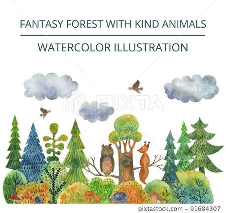 Watercolor illustration Squirrel and owl sit on a branch in a colorful forest with mushrooms and hedgehogs 91684307