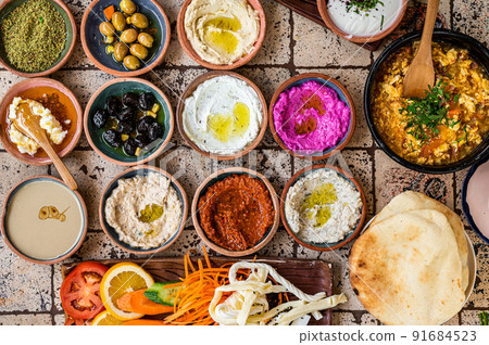 Turkish Village breakfast table served in a restaurant. Top view 91684523