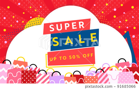 Simple and cute super sale advertising template surrounded by shopping bags (red) 91685066