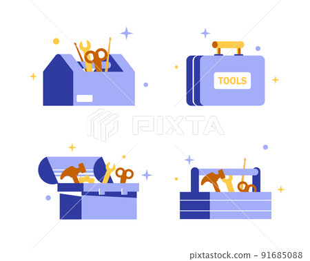 Construction repair tools flat icon set. Cartoon wooden tool box with hammers, screwdriver, wrench. Tools such as hammer 91685088