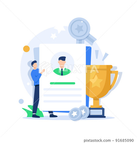 Happy businessman receiving reward and standing near winner cup,Concept of money bonus, reward program, cash back 91685090