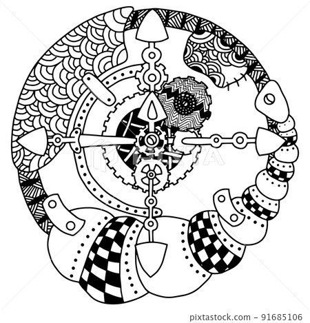 Steampunk Black and White Compass Isolated on White Background. Coloring Page. Coloring Book. Steampunk Black and White Compass Isolated on White Background. Coloring Page. Coloring Book. 91685106