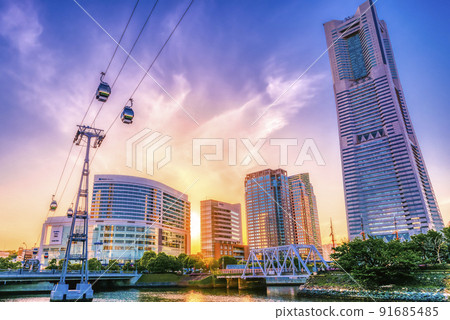 Cityscape of Sakuragicho, Yokohama Sunset, ropeway and Landmark Tower 91685485
