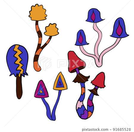 Hand drawn clipart illustration with hippie groovy mushrooms in orange purple blue red colors. Retro vintage 1960s 1970s style, trippy wild bright background with hallucination hypnotic elements. 91685528