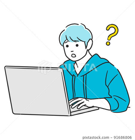 A man who has questions while working on a computer A man who has questions while working on a computer 91686806
