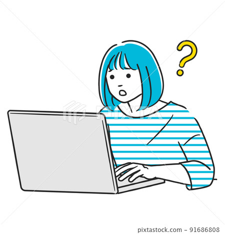 A woman who has questions while working on a computer A woman who has questions while working on a computer 91686808