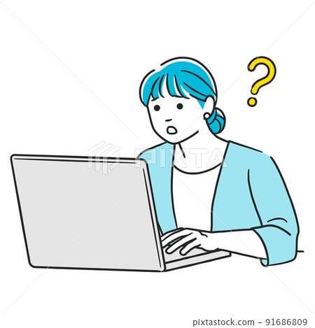 A woman who has questions while working on a computer A woman who has questions while working on a computer 91686809