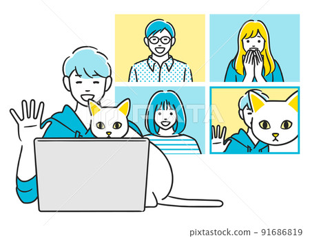 A man attending a remote meeting and a cat peeking into it 91686819