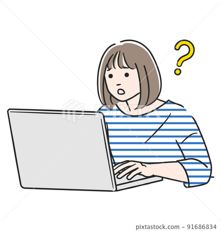 A woman who has questions while working on a computer A woman who has questions while working on a computer 91686834