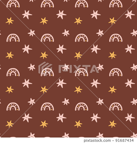 Cute vector kids seamless pattern baby girl with hand drawn rainbow and stars on brown background. Creative childish illustration for fabric, textile Cute vector kids seamless pattern baby girl with hand drawn rainbow and stars on brown background. Creative childish illustration for fabric, textile 91687434