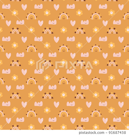 Cute vector kids seamless pattern baby girl with hand drawn rainbow, flower and heart on brown background. Creative childish illustration for fabric, textile Cute vector kids seamless pattern baby girl with hand drawn rainbow, flower and heart on brown background. Creative childish illustration for fabric, textile 91687438
