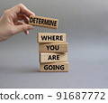 Determination symbol. Wooden blocks with words Determine where you are going. Beautiful grey background. Businessman hand. Business and Determine where you are going concept. Copy space 91687772