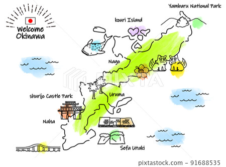 Hand-drawn Okinawa map and simple line drawing illustrations of sightseeing spots 91688535