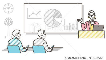 Female lecturer explaining the screen at the seminar training [Vector illustration material] 91688565