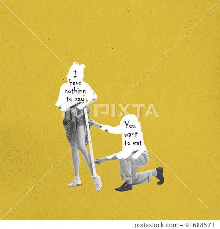Silhouette of man and girl in vintage retro style outfits measuring isolated on yellow background. Concept of relations, female comlex, 60s american fashion style 91688571