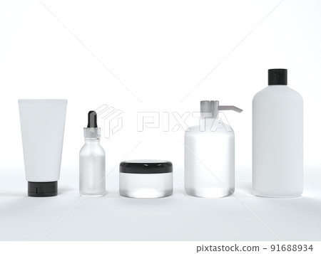 Cosmetic cream tube, jar with lid, liquid soap and shampoo, serum bottle 3D render on white background, different product packaging mock-up 91688934