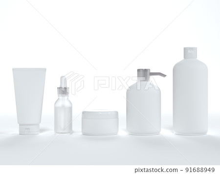 Cosmetic cream tube, jar with lid, liquid soap and shampoo, serum bottle 3D render on white background, different product packaging mock-up 91688949
