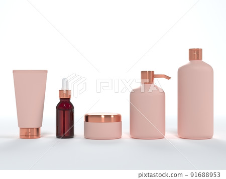 Cosmetic cream tube, jar with lid, liquid soap and shampoo, serum bottle 3D render on white background, different product packaging mock-up 91688953