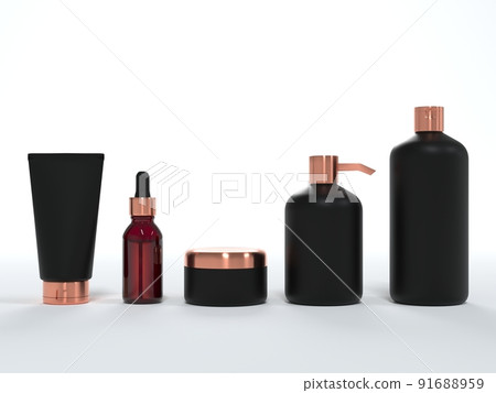 Cosmetic cream tube, jar with lid, liquid soap and shampoo, serum bottle 3D render on white background, different product packaging mock-up 91688959