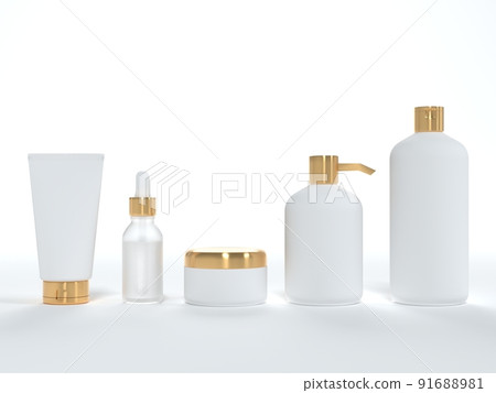 Cosmetic cream tube, jar with lid, liquid soap and shampoo, serum bottle 3D render on white background, different product packaging mock-up 91688981