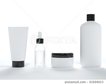 Cosmetic cream tube, jar with lid, liquid soap and shampoo, serum bottle 3D render on white background, different product packaging mock-up 91689023