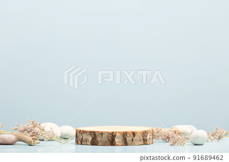 Background for cosmetic products of pastel blue color. Wood podium with dry flowers and natural stones. Front view 91689462