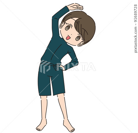 Children in genderless swimsuits doing preparatory exercises Children in genderless swimsuits doing preparatory exercises 91689728