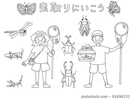 Line drawing of boys and girls going to catch insects 91690232