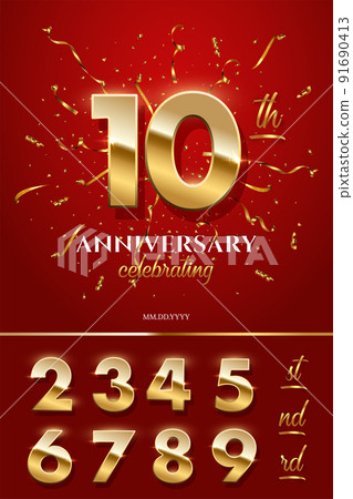 10 golden numbers and Anniversary Celebrating text with golden serpentine and confetti on red background. Vector tenth anniversary celebration event square template witn numbers set. 91690413