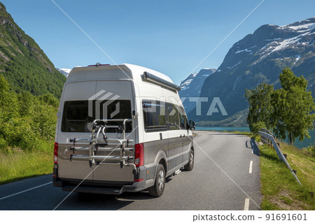 Camper van on a road in Norway Camper van on a road in Norway 91691601