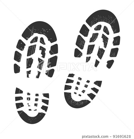 Footstep black silhouette, bootprint isolated on white background. Grunge track, symbol cartoon style. 91691628