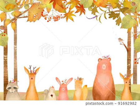 Scandinavian fashionable autumn plants and forest animals white background frame illustration vector material 91692982