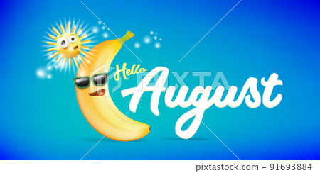 hello August horizontal banner with cartoon sun and funky banana character isolated on summer turquoise background. Vector 3d clay horizontal hello august scene, poster, flyer, banner and background hello August horizontal banner with cartoon sun and funky banana character isolated on summer turquoise background. Vector 3d clay horizontal hello august scene, poster, flyer, banner and background 91693884