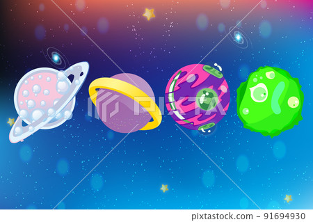 Fantasy cartoon planet. Fantastic alien planets. Vector planet and asteroid on orbit for gui fantastic space illustration Fantasy cartoon planet. Fantastic alien planets. Vector planet and asteroid on orbit for gui fantastic space illustration 91694930