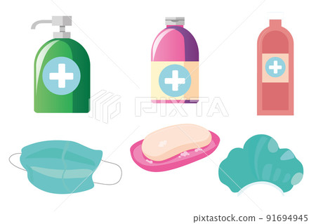 Disinfection and hygiene set. SRubber gloves on hands, medical mask. Bottle of antiseptic spray. Antibacterial flask. Disinfection. Hand hygiene. Disinfection and hygiene set. SRubber gloves on hands, medical mask. Bottle of antiseptic spray. Antibacterial flask. Disinfection. Hand hygiene. 91694945