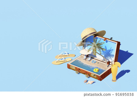 夏季旅行/暑假的形象與旅行袋和熱帶度假海灘/複製空間 夏季旅行/暑假的形象與旅行袋和熱帶度假海灘/複製空間 91695038
