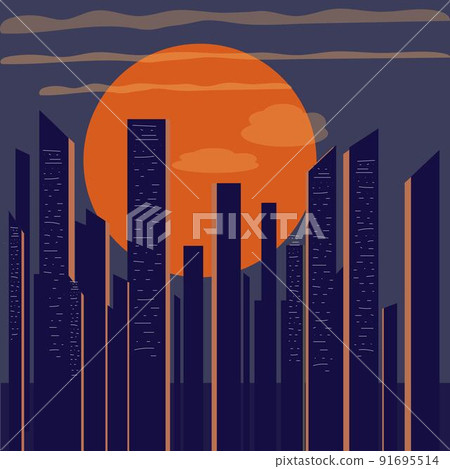 Night city illustration in old retro 70 style. Sunset in big city concept for print. 91695514