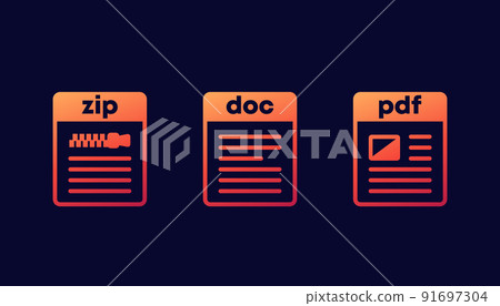 Zip, doc and pdf file icons for web Zip, doc and pdf file icons for web 91697304