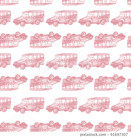 Safari bus engraved seamless pattern. Vintage adventure off road car in hand drawn style. Safari bus engraved seamless pattern. Vintage adventure off road car in hand drawn style. 91697307