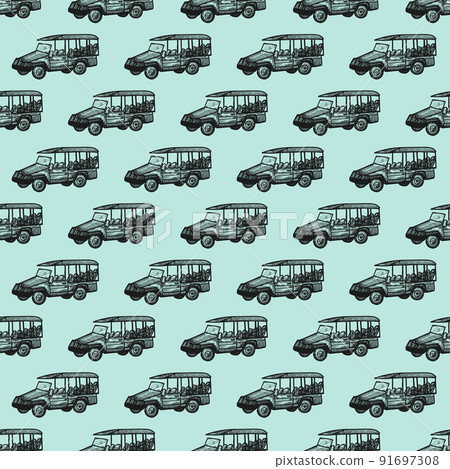 Safari bus engraved seamless pattern. Vintage adventure off road car in hand drawn style. Safari bus engraved seamless pattern. Vintage adventure off road car in hand drawn style. 91697308