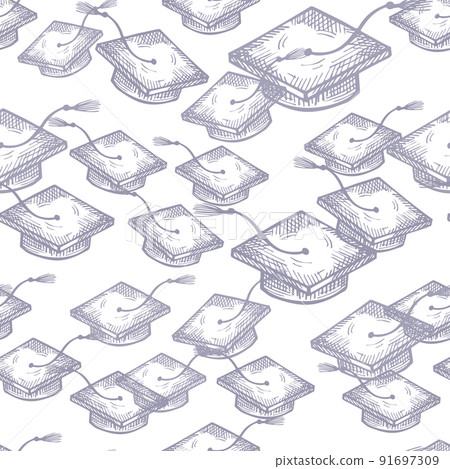Graduate hats engraved seamless pattern. Vintage element education in hand drawn style. 91697309