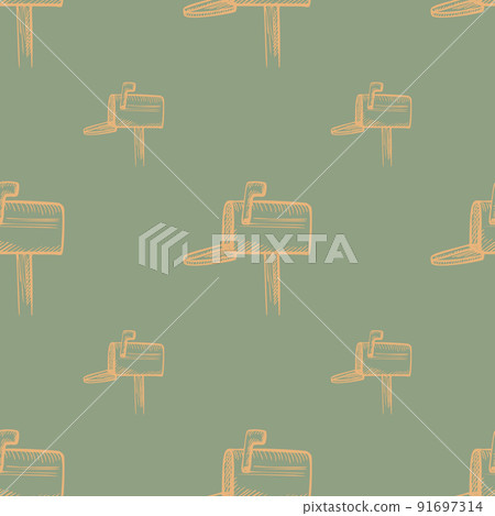Mailbox engraved seamless pattern. Vintage letterbox in hand drawn style. 91697314